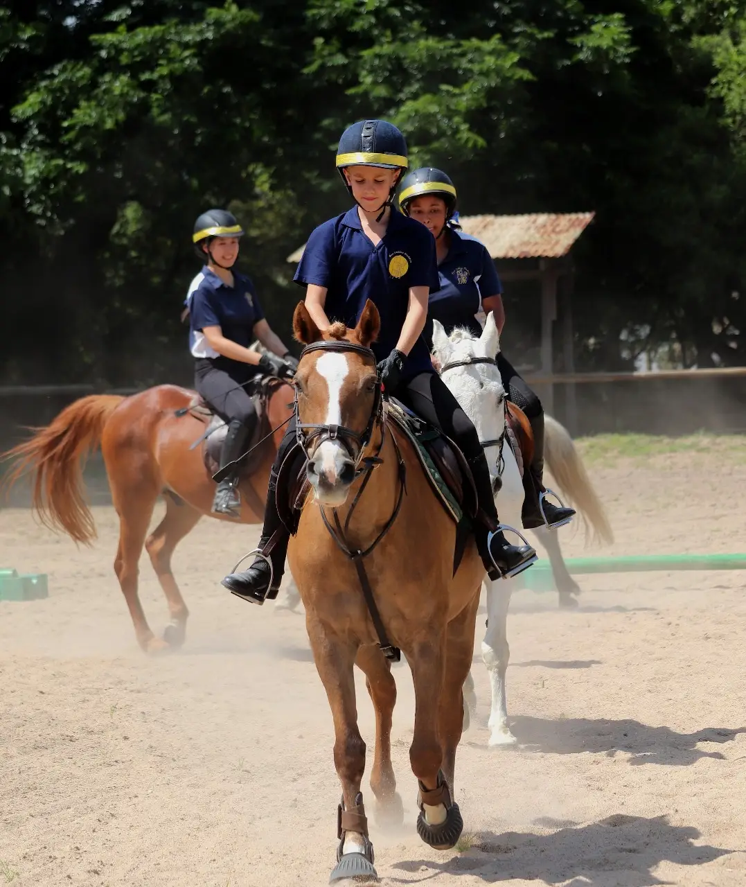 Young riders in a group riding lesson at Sun Valley Stables arena, Johannesburg